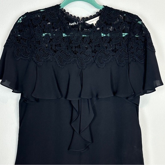Rebecca Taylor Black Silk Georgette Lace Ruffle Short Sleeve Blouse 4 - Picture 2 of 8